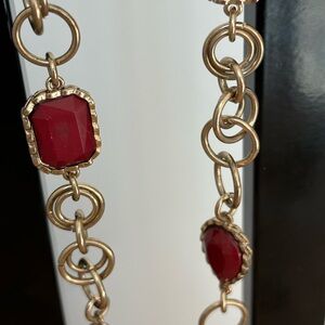Red cabochon stations necklace/ xtra long/ gold tone /measures 32 in len…